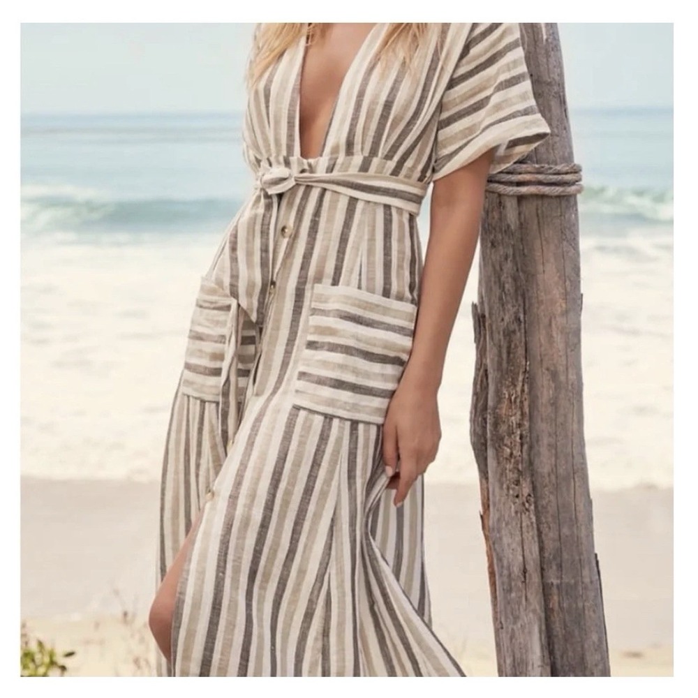 Free People Striped Button Down Linen Midi Plunge Shirtdress Womens L Boho Beach